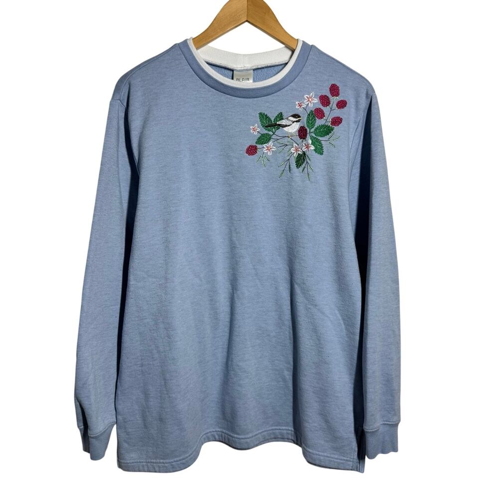 Vintage Crewneck Contrast Ribbed Trim 90s Tunic Sweatshirt L Blue Cottage Preppy